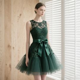 Elegant Dark Green Lace Dress with Bow & Tulle Skirt - Chic Party Wear