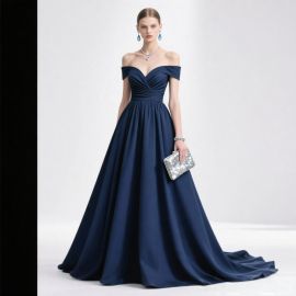 Elegant Navy Blue Off - Shoulder Long Evening Gown with Train for Formal Occasions