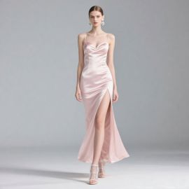 Elegant Pink Satin Spaghetti Strap High Slit Evening Gown
