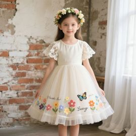 Kids Girl Lace Sleeve Floral Butterfly Tutu Dress for Party & Daily Wear