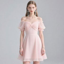 Elegant Pink Off - Shoulder Dress with Puff Sleeves | Romantic Cross Front Short Party Gown
