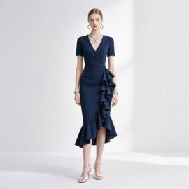 Elegant Navy Blue V-Neck Ruffled Hem Midi Dress