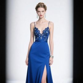 Royal Blue Spaghetti Strap Lace Sequined Slit Maxi Evening Dress