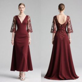 Burgundy Lace Sleeves Deep V-Neck Backless Evening Gown - Elegant Formal Dress