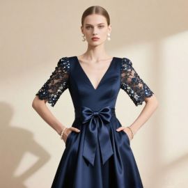 Elegant Navy Blue Satin Dress with Lace Sequin Sleeves & Bow Belt - Formal Evening Gown