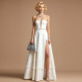 Elegant White Strapless Gown with Pearl Details & High Slit - Formal Evening Dress