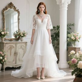 Elegant Lace V-Neck Wedding Dress with Half Sleeves & High-Low Tulle Skirt