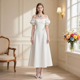 Elegant White Off - Shoulder Puff Sleeve Midi Dress | Vintage Chic Style