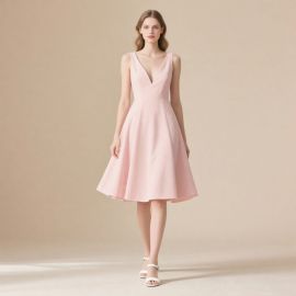 Elegant Pink Sleeveless V-Neck Midi Dress - Perfect for Parties & Bridesmaids
