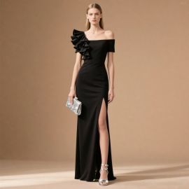 Elegant Black Off - Shoulder Evening Gown with Ruffled Detail & High Slit