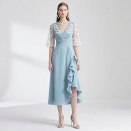 Light Blue Lace-Sleeve Dress with Feather Embroidery & Ruffled Hem - Elegant Midi Gown