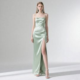 Mint Green Satin Spaghetti Strap Slit Maxi Dress - Elegant Evening Gown