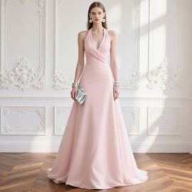 Elegant Pink Halter Neck Floor - Length Evening Gown with Draped Bodice
