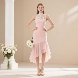 Elegant Pink Lace High - Neck Asymmetrical Hem Midi Dress for Weddings & Events