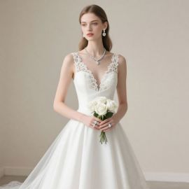 Elegant Lace Deep V-Neck A-Line Tulle Wedding Dress - Timeless Bridal Gown
