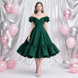 Elegant Emerald Green Off - Shoulder Ruffled Midi Evening Dress
