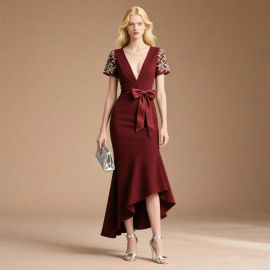 Burgundy Deep V Neck Embroidered Short Sleeve Bow Waist High-Low Hem Maxi Dress