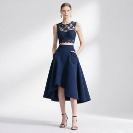 Elegant Navy Blue Lace Crop Top & High - Low Skirt Set | Stylish Party Outfit