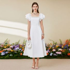 Elegant White Midi Dress: Square Neck, Lace Trim & Ruffled Sleeves for Summer Events