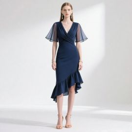 Navy Blue Wrap V-Neck Dress: Sheer Flutter Sleeves & Asymmetric Ruffle Hem