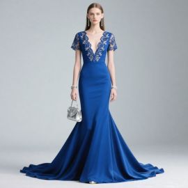 Elegant Royal Blue Mermaid Evening Gown: Deep V-Neck Lace Appliqué & Short Sleeves Design