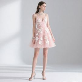 Pink Spaghetti Strap Short Dress w/Floral Embroidery Tulle Skirt - Chic Party & Event Wear