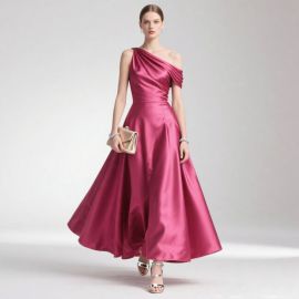 Fuchsia One - Shoulder Satin Evening Gown - Elegant Formal Dress for Special Occasions