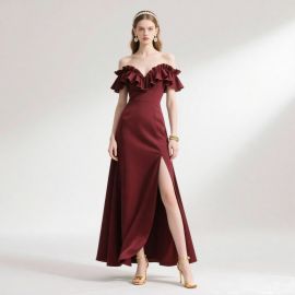 Elegant Burgundy Off - Shoulder Ruffled High Slit Evening Gown
