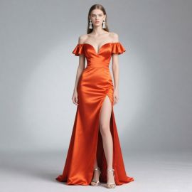 Orange Off - Shoulder Satin Gown with Ruffled Sleeves & High Slit Evening Dress