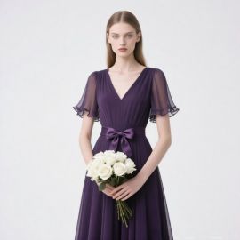 Purple Chiffon Dress: V-Neck, Ruffled Sleeves, Bow Belt - Bridesmaid/Wedding