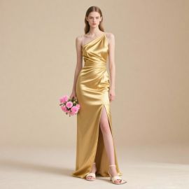 One-Shoulder Gold Satin Maxi Dress with High Slit - Chic Fitted Evening Gown