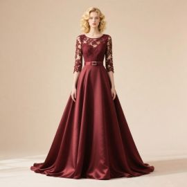 Burgundy Lace & Satin Long Evening Gown - Elegant 3/4 Sleeve Formal Dress