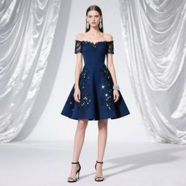 Navy Blue Off - Shoulder Knee - Length Dress: Lace & Sequin Embellished Evening Gown