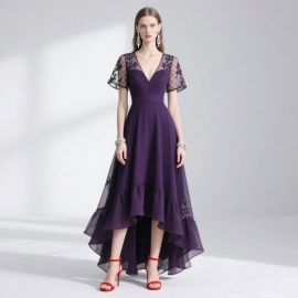 Elegant Purple High - Low Hem Evening Dress with Lace Sleeves & Embroidery