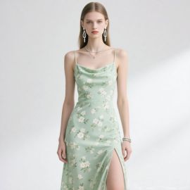 Elegant Mint Green Floral Print Spaghetti Strap Dress with High Slit - Summer Chic Style