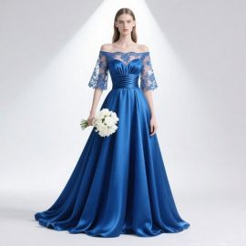 Royal Blue Off - Shoulder Satin Gown with Lace Sleeves for Weddings & Events