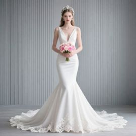 Elegant Deep V-Neck Mermaid Wedding Dress with Lace Train