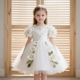 Elegant Kids White Floral Pearl Dress for Weddings & Special Occasions