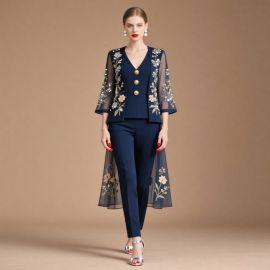 Navy Blue Embroidered Suit: Sheer Sleeves & Split Pants for Elegant Look