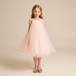 Kids Pink Tulle Princess Dress with Flower Straps - Perfect for Parties & Weddings