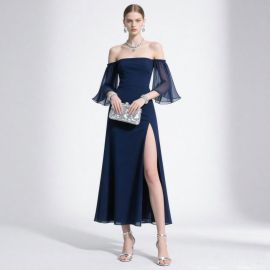 Navy Blue Off - Shoulder Gown with Trumpet Sleeves & High Slit - Elegant Evening Dress