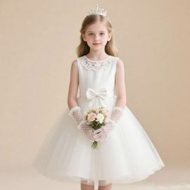 Elegant White Flower Girl Dress: Lace Collar, Big Bow & Tulle Skirt - Perfect for Weddings & Parties