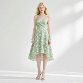Elegant Green Floral Asymmetric Hem Halter Neck Dress - Summer Chic Women's Fashion