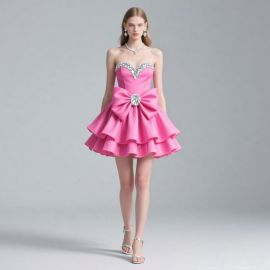 Chic Pink Strapless Short Dress: Rhinestone Heart Neck & Oversized Bow - Party Cocktail Gown