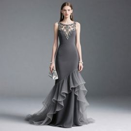 Elegant Gray Mermaid Gown: Embellished Neckline & Ruffled Tulle Skirt for Formal Events