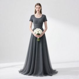 Elegant Gray Long Bridesmaid Dress Short Sleeves Ruched Waist Flowy Chiffon Gown