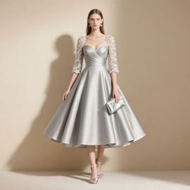 Silver Satin Evening Dress with Lace Sleeves & Sweetheart Neckline - Elegant Party Gown