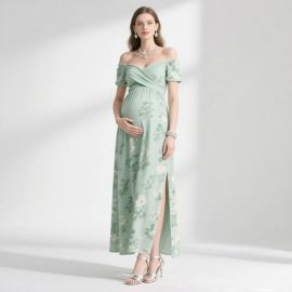 Elegant Maternity Off - Shoulder Floral Print Maxi Dress with Side Slit