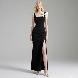 Elegant Black Square Neck Gown with Oversized Bow & High Slit - Chic Evening Dress