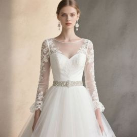 Elegant White Wedding Dress: Lace Long Sleeves, Heart Neckline & Beaded Belt - Bridal Gown